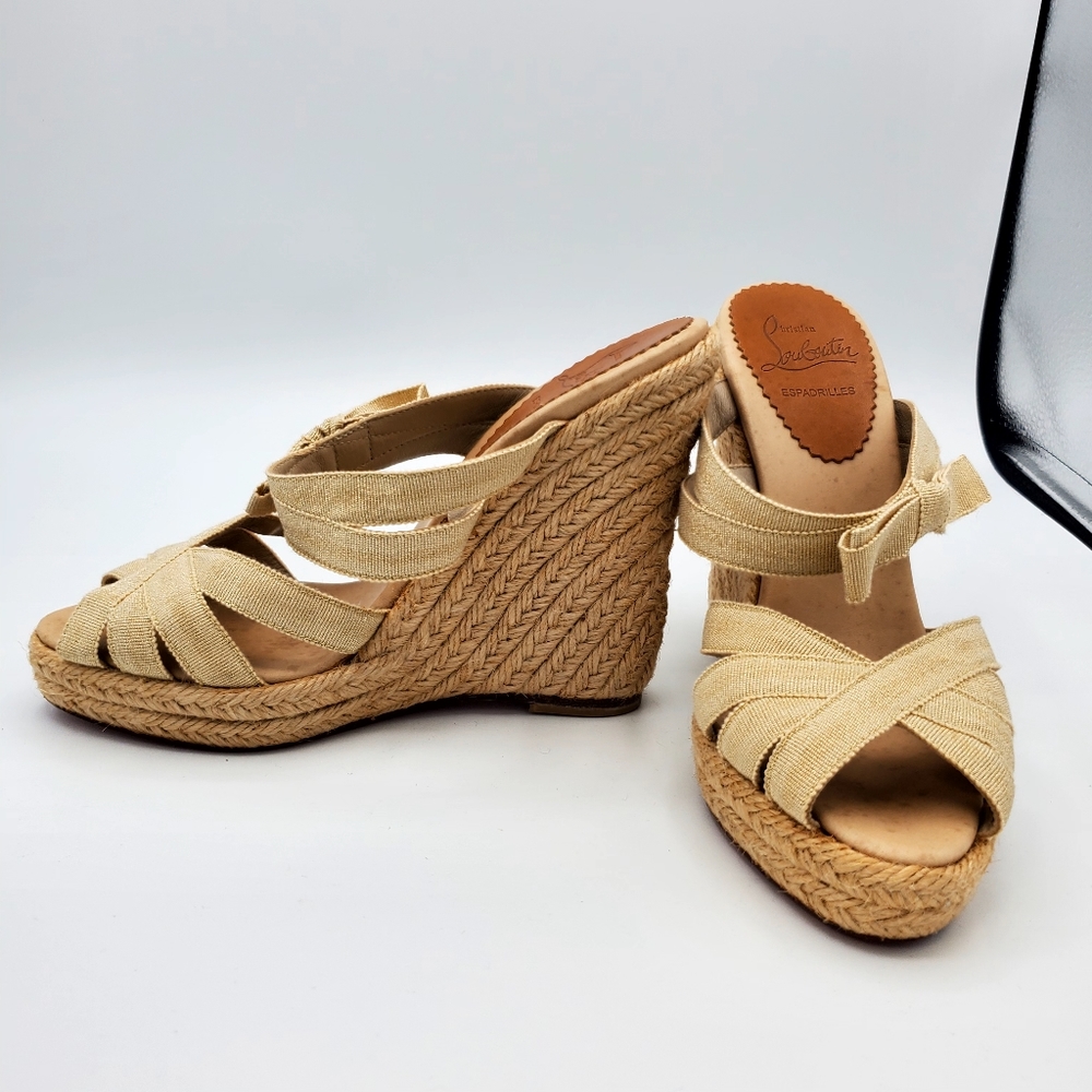 CHRISTIAN LOUBOUTIN Gold Metallic Canvas Delfin 120 Espadrille Wedges Size 6